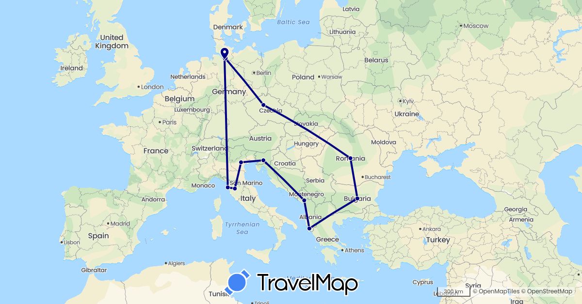 TravelMap itinerary: driving in Bulgaria, Czech Republic, Germany, Italy, Montenegro, Romania, Slovenia (Europe)